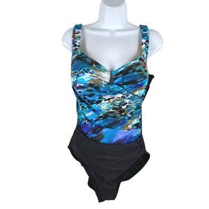 Miraclesuit One Piece Swimsuit Size 16 Blue Black Printed Beach SW-2121